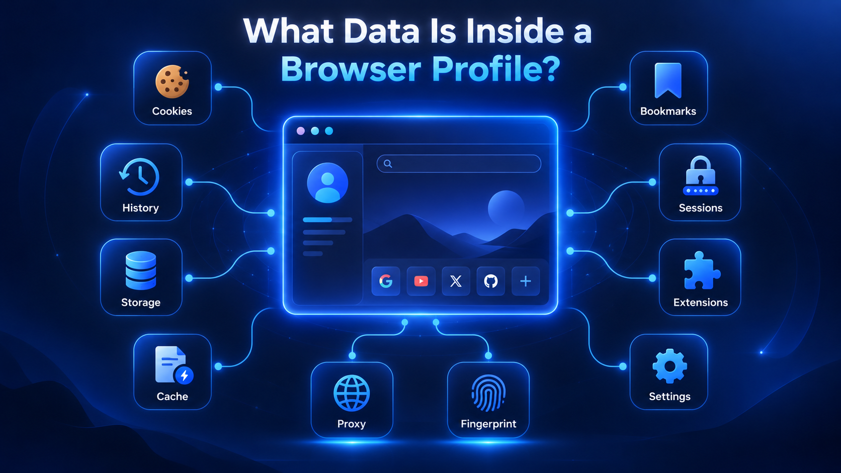 Browser profile data including cookies, history, storage, cache, proxy, fingerprint, bookmarks, sessions, extensions, and settings